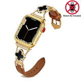 KALERI Black Shell Clover Slim Metal Bracelet for iWatch(Band Only) - Business & Dressy Strap, Compatible with Ultra 2/Ultra/Series 10-1/SE/SE2 (38-49mm) | For Women (Watch Not Included) - Color Gold(Upgraded Leather Strap) (variant image)