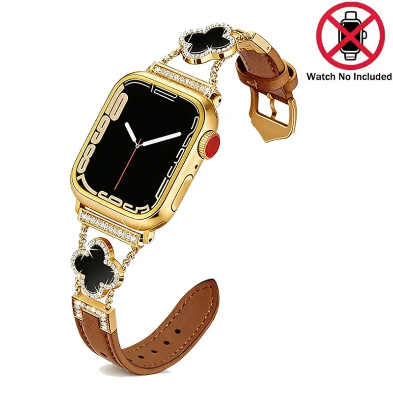 KALERI Black Shell Clover Slim Metal Bracelet for iWatch(Band Only) - Business & Dressy Strap, Compatible with Ultra 2/Ultra/Series 10-1/SE/SE2 (38-49mm) | For Women (Watch Not Included) - Color Gold(Upgraded Leather Strap) (variant image)