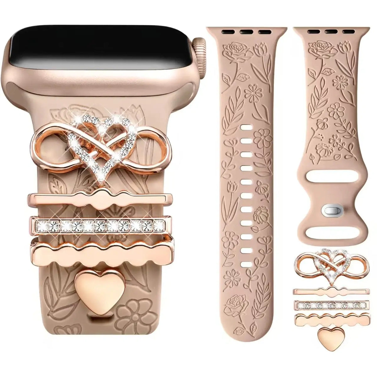BROULIT Floral Engraved Silicone Band for Apple Watch – Soft Adjustable Strap with Decorative Charms, Stylish Women’s Watch Band Compatible with iWatch Series 11–1 & SE (38mm–42mm),back to school,back to school haul - Color Milk Tea (variant image)