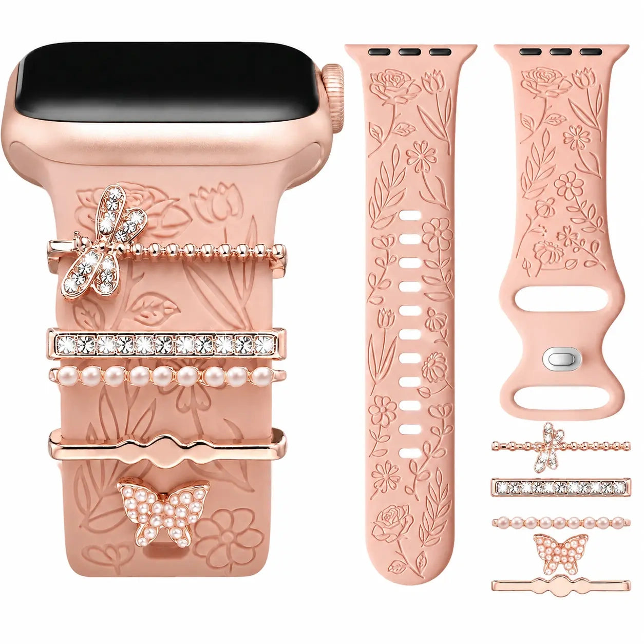BROULIT Floral Engraved Silicone Band for Apple Watch – Soft Adjustable Strap with Decorative Charms, Stylish Women’s Watch Band Compatible with iWatch Series 11–1 & SE (38mm–42mm),back to school,back to school haul - Color Pink (variant image)