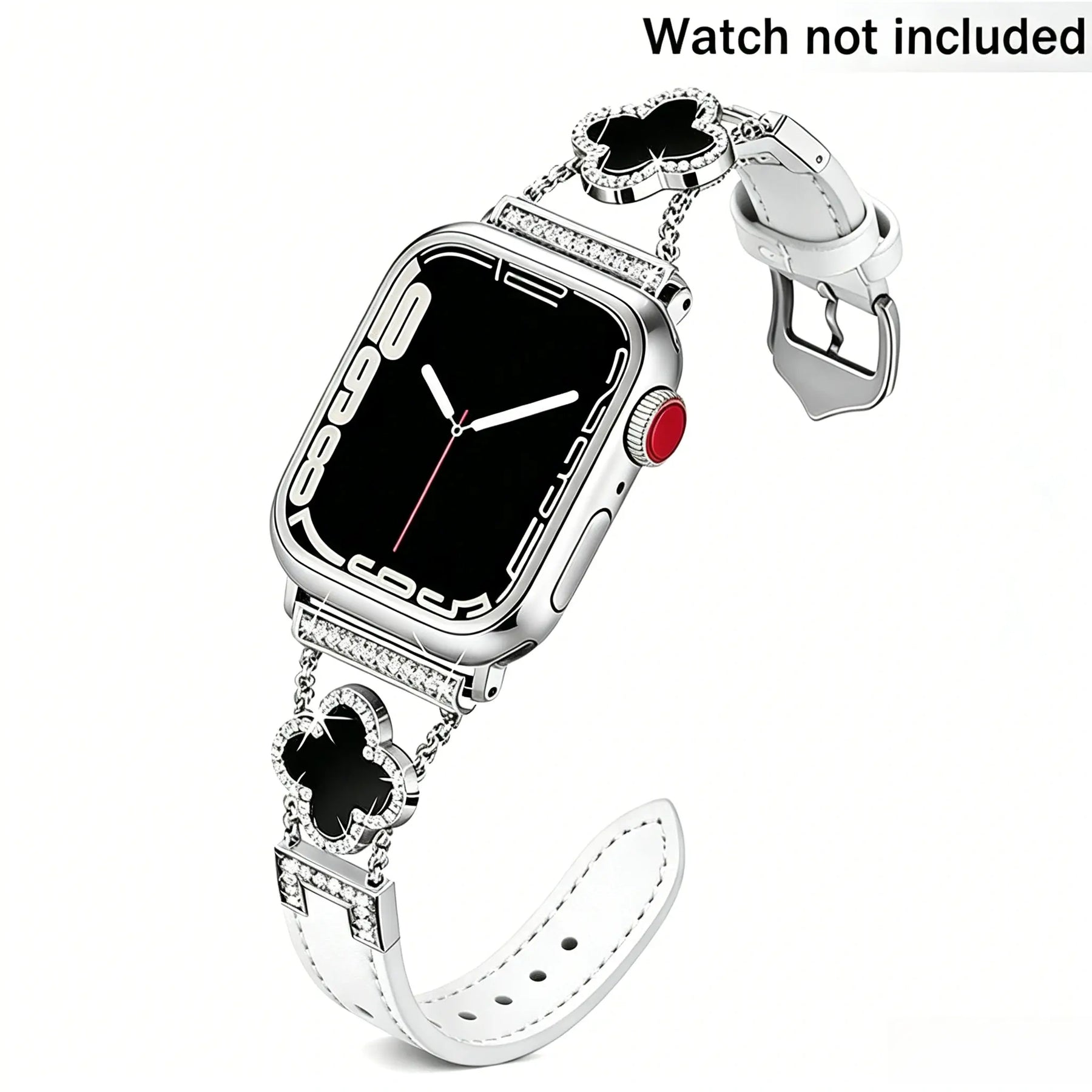 KALERI Black Shell Clover Slim Metal Bracelet for iWatch(Band Only) - Business & Dressy Strap, Compatible with Ultra 2/Ultra/Series 10-1/SE/SE2 (38-49mm) | For Women (Watch Not Included) - Color Silver(Upgraded white leather strap) (variant image)