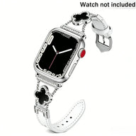 KALERI Black Shell Clover Slim Metal Bracelet for iWatch(Band Only) - Business & Dressy Strap, Compatible with Ultra 2/Ultra/Series 10-1/SE/SE2 (38-49mm) | For Women (Watch Not Included) - Color Silver(Upgraded white leather strap) (variant image)