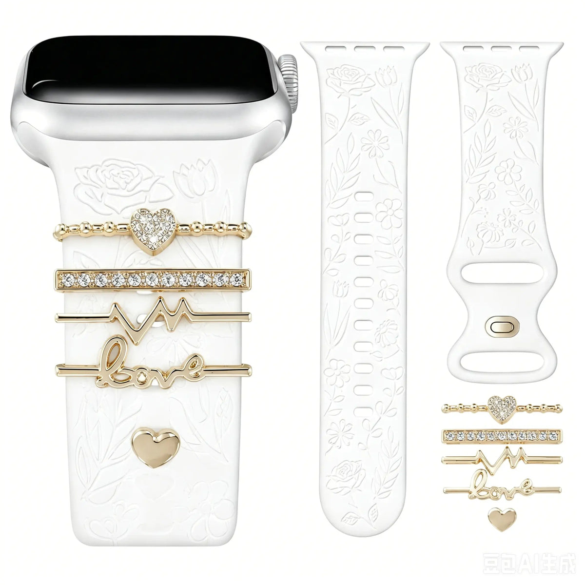 BROULIT Floral Engraved Silicone Band for Apple Watch – Soft Adjustable Strap with Decorative Charms, Stylish Women’s Watch Band Compatible with iWatch Series 11–1 & SE (38mm–42mm),back to school,back to school haul - Color White (variant image)