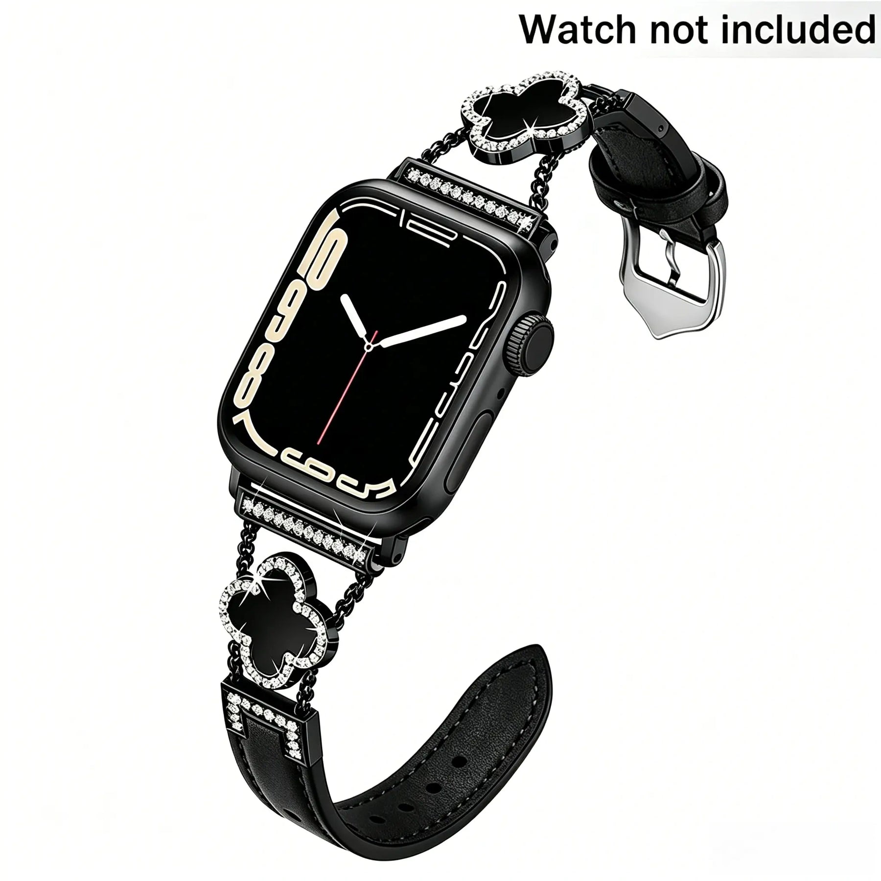 KALERI Black Shell Clover Slim Metal Bracelet for iWatch(Band Only) - Business & Dressy Strap, Compatible with Ultra 2/Ultra/Series 10-1/SE/SE2 (38-49mm) | For Women (Watch Not Included) - Color black(Upgraded black leather strap) (variant image)