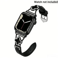 KALERI Black Shell Clover Slim Metal Bracelet for iWatch(Band Only) - Business & Dressy Strap, Compatible with Ultra 2/Ultra/Series 10-1/SE/SE2 (38-49mm) | For Women (Watch Not Included) - Color black(Upgraded black leather strap) (variant image)