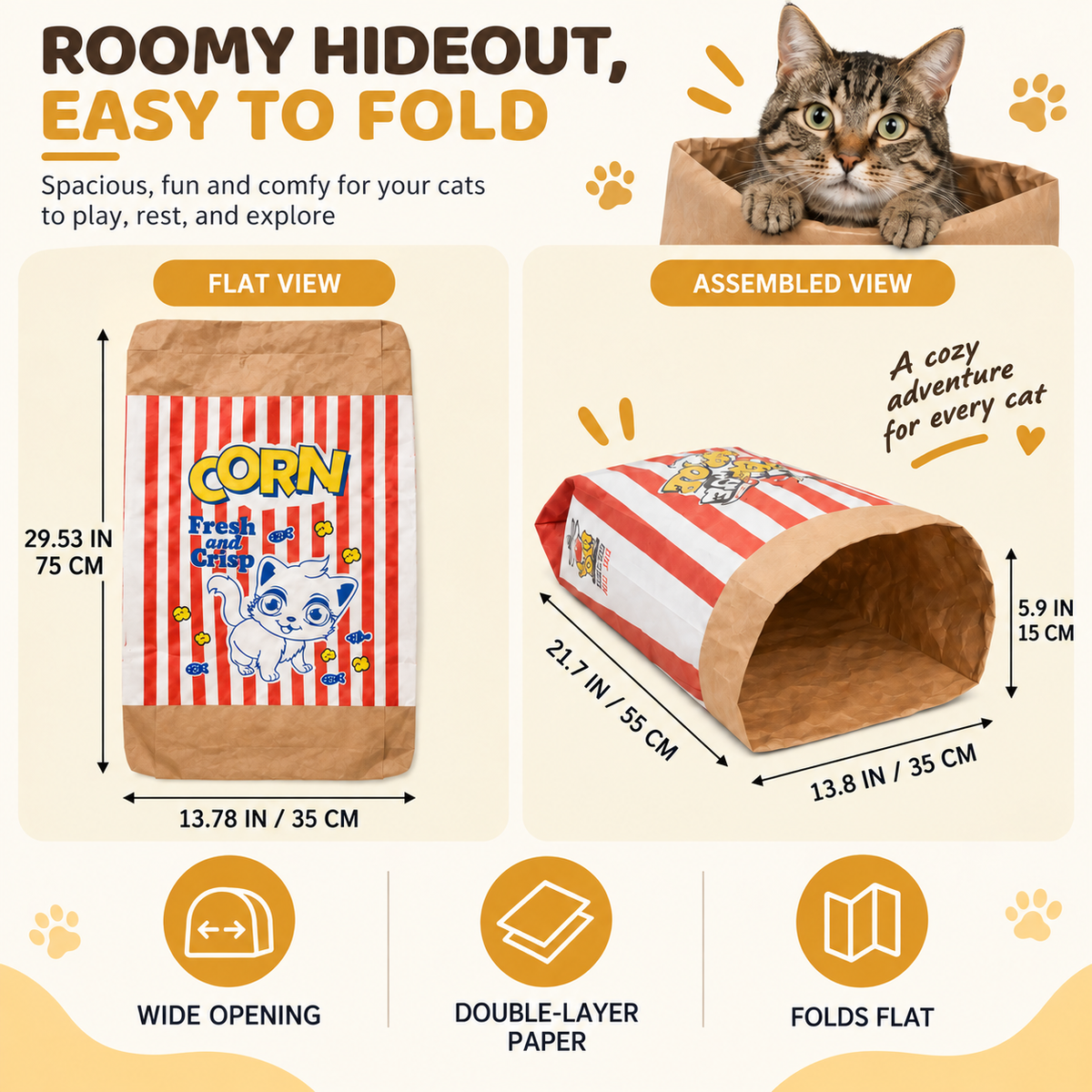 Crinkle cat hideout flat and assembled dimensions
