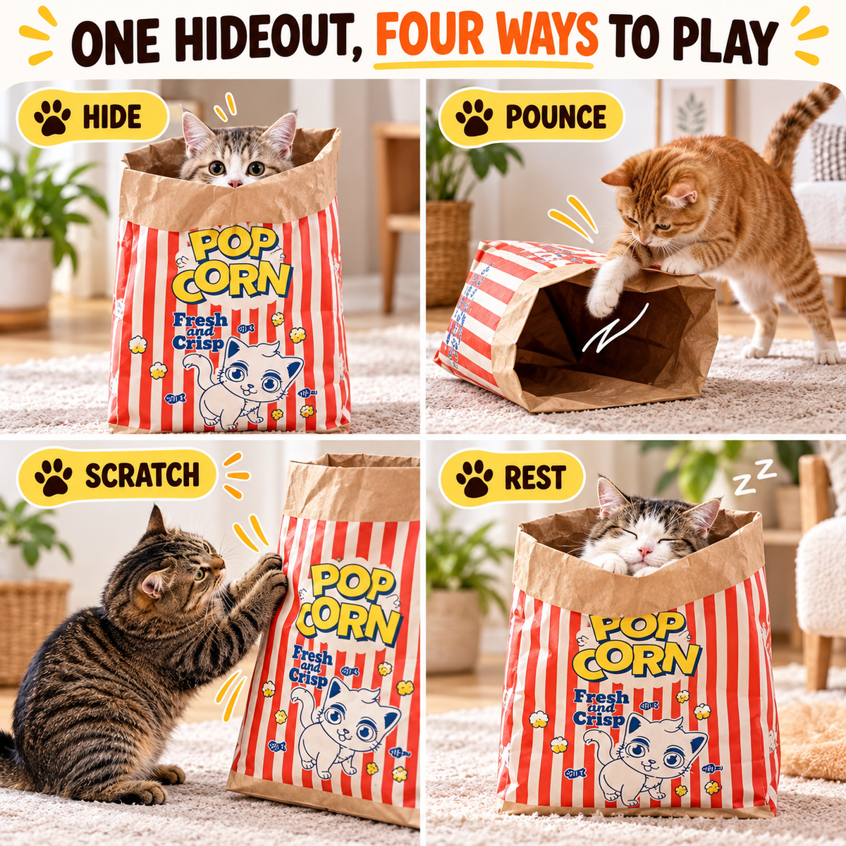 Cats hiding pouncing scratching and resting with paper hideout