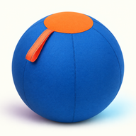 Blue and orange inflatable herding ball for dogs on an off-white studio background
