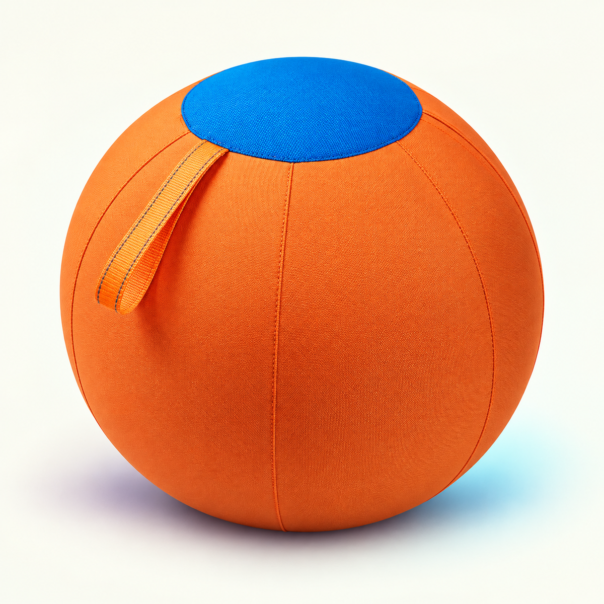 Orange and blue inflatable herding ball for dogs with woven grab handle