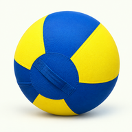 Blue and yellow inflatable herding ball for supervised dog exercise