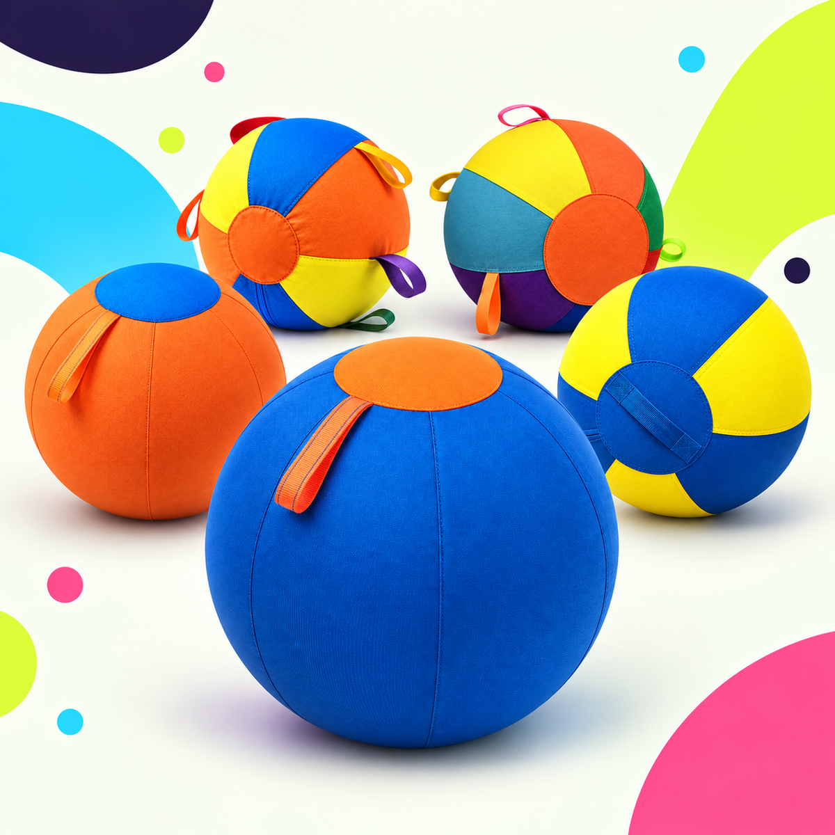 Five inflatable dog herding ball colorways in xstrapetm brand colors