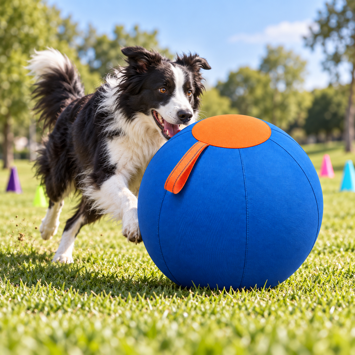 Border collie pushing a blue and orange herding ball during outdoor play