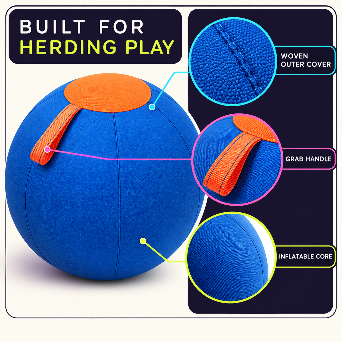 Close-up of woven outer cover grab handle and inflatable herding ball construction
