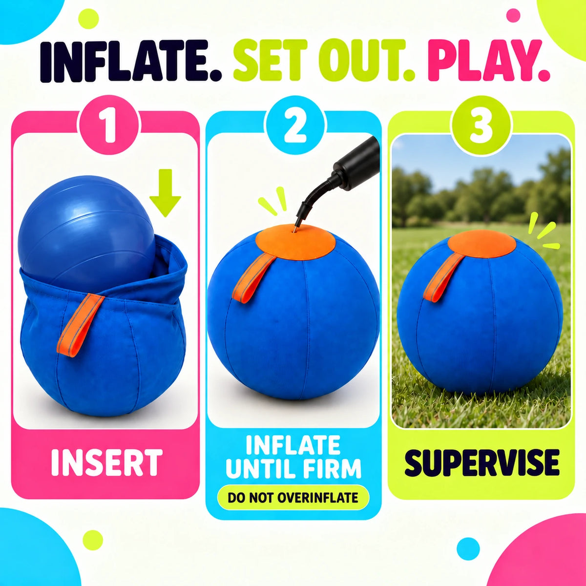 Inflatable dog herding ball setup guide with blue inner ball and no hands