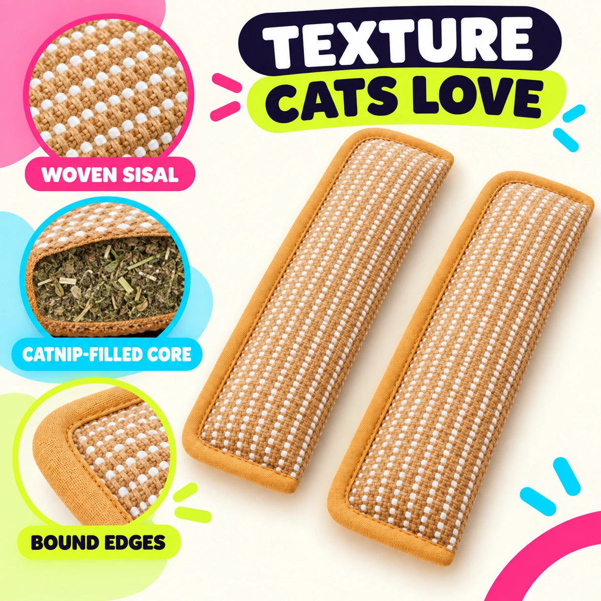 Woven sisal texture sealed catnip-filled core and bound edges