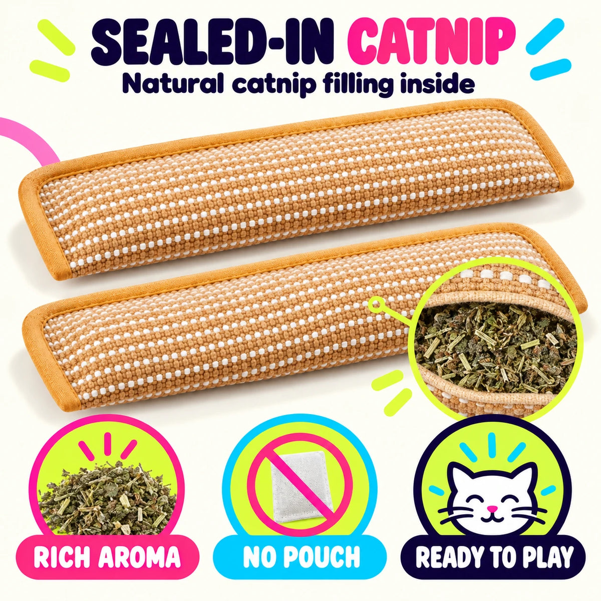 Sealed-in natural catnip filling inside sisal cat kicker toys