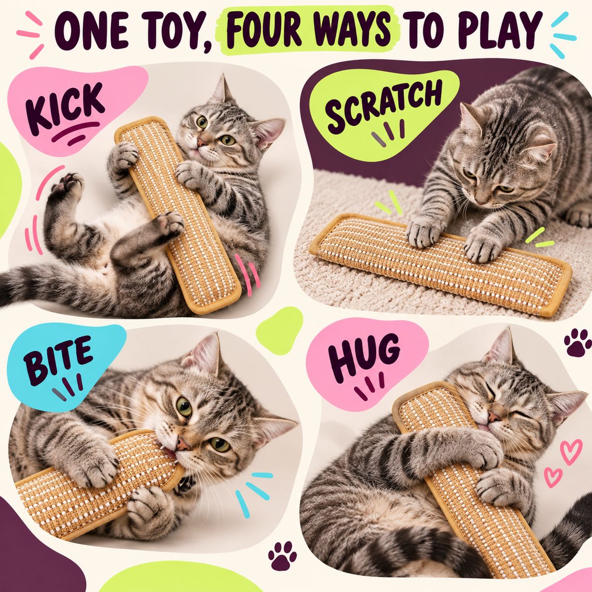 Cat kicking scratching biting and hugging sisal toy