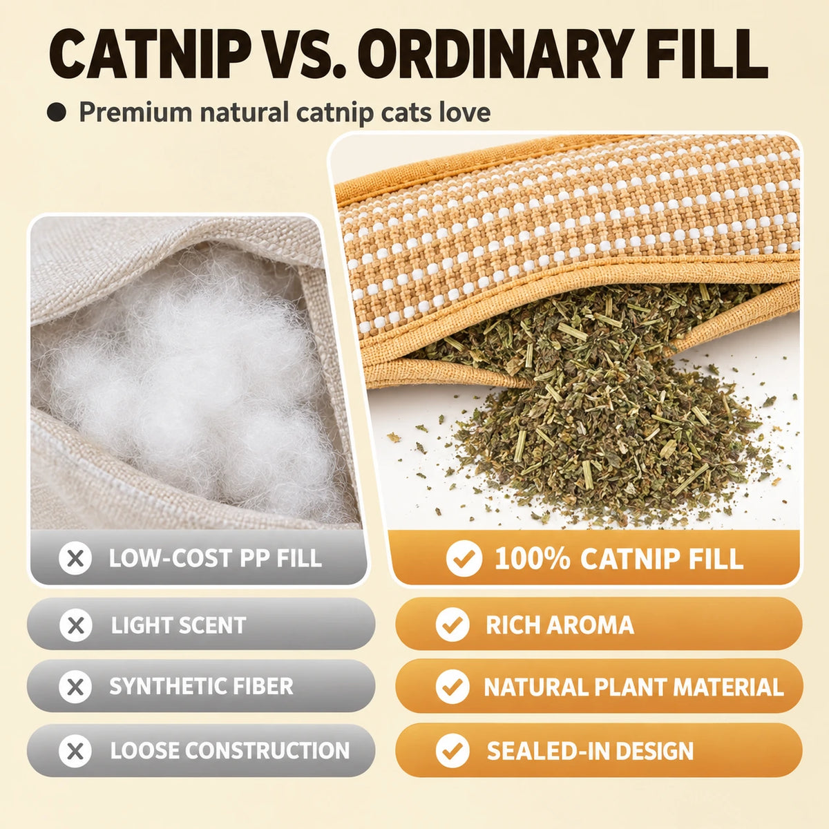Catnip filling compared with ordinary PP fiber filling